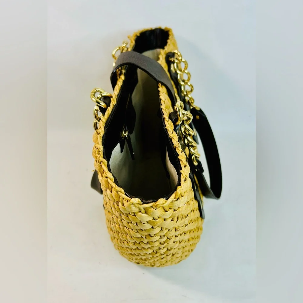 Michael Kors Santorini Raffia Woven Handbag Tote, Brown Leather/Gold Chain Strap - Picture 6 of 15